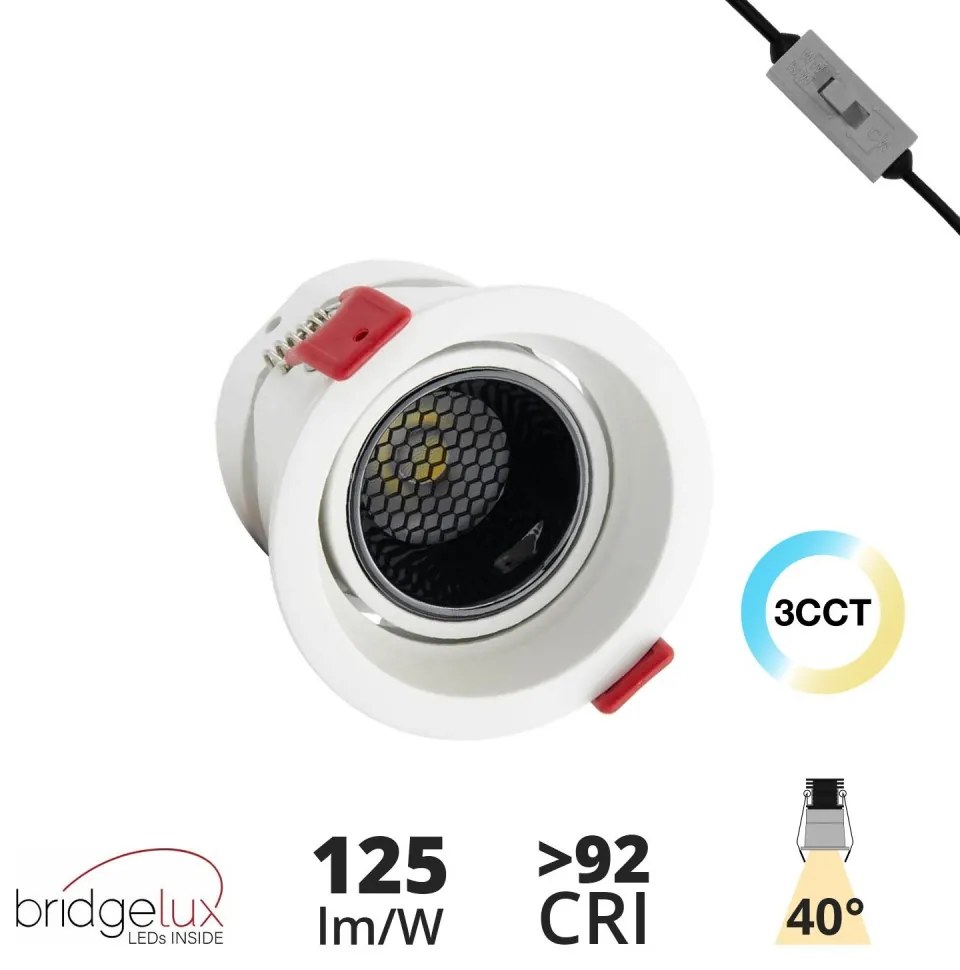 Faro LED da Incasso 12W, Orientabile CRI92 Foro Ø75mm, Bianco CCT, UGR11 Colore Bianco Variabile CCT