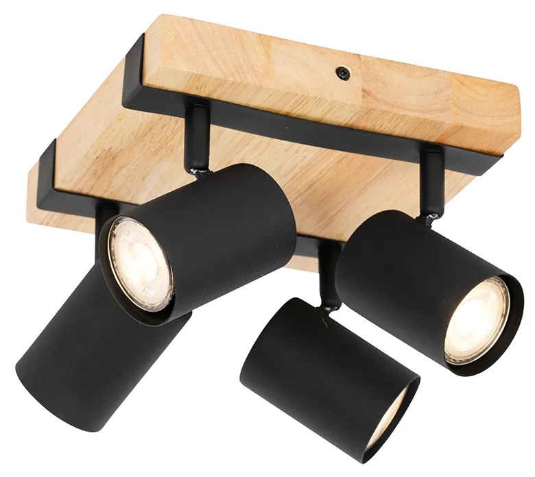 Faretto da soffitto smart nero con legno 4 luci regolabili Incl. Wifi GU10 50mm - Jeana
