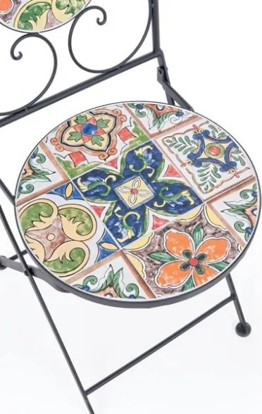 Set da giardino in ferro tavolo bistrot e sedie pieghevoli con maioliche Paloma Bizzotto