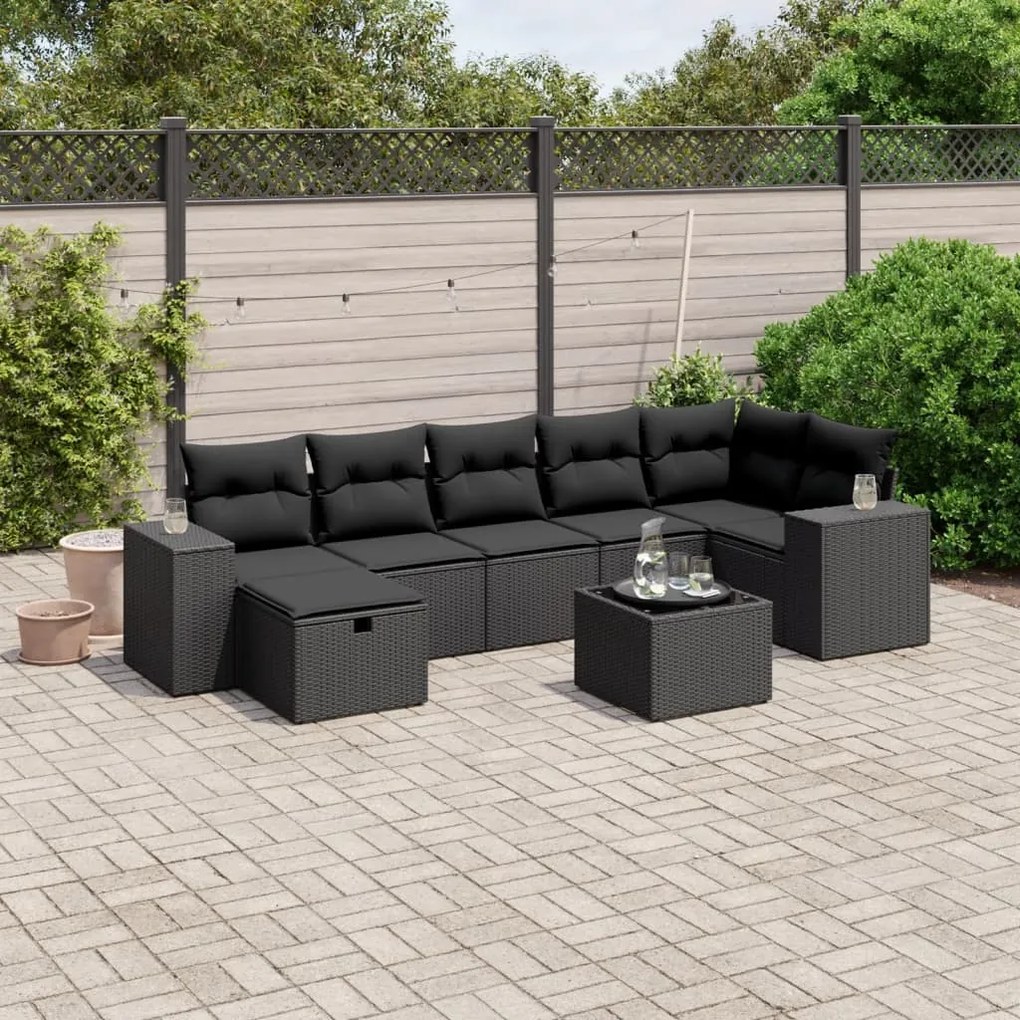 Set Divani da Giardino con Cuscini 8 pz Nero in Polyrattan