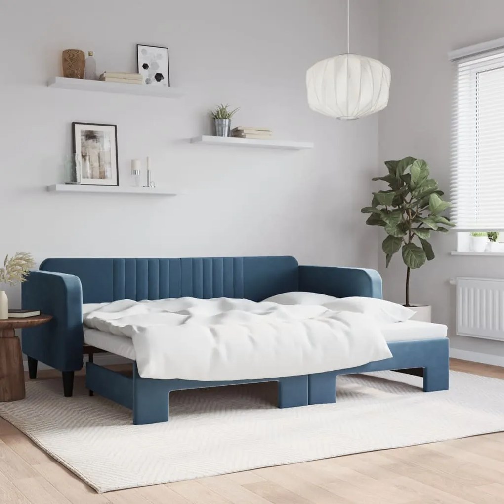 Divano letto con letto estraibile blu 90x200 cm in velluto