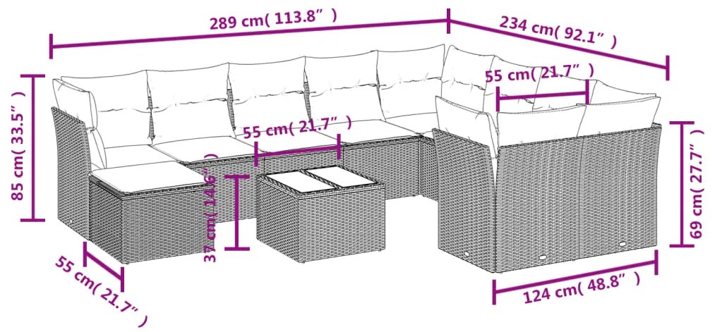 Set divani da giardino 11 pz con cuscini in polyrattan grigio