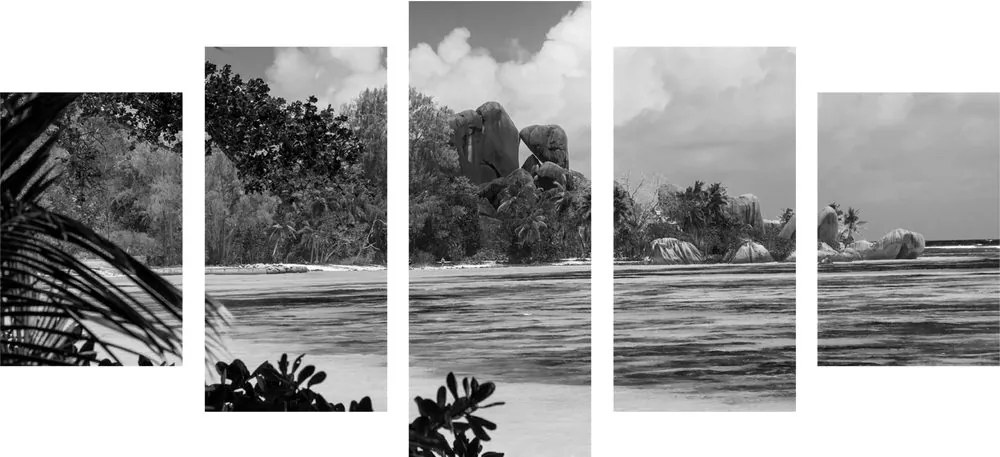 Quadri 5 pezzi – Spiaggia sull'isola di La Digue in bianco e nero