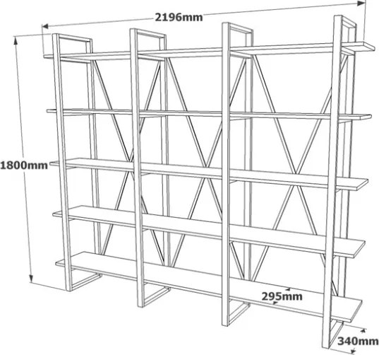 Libreria A Parete Stile Industrial 220x34x180 Cm 5 Ripiani Milano Rovere