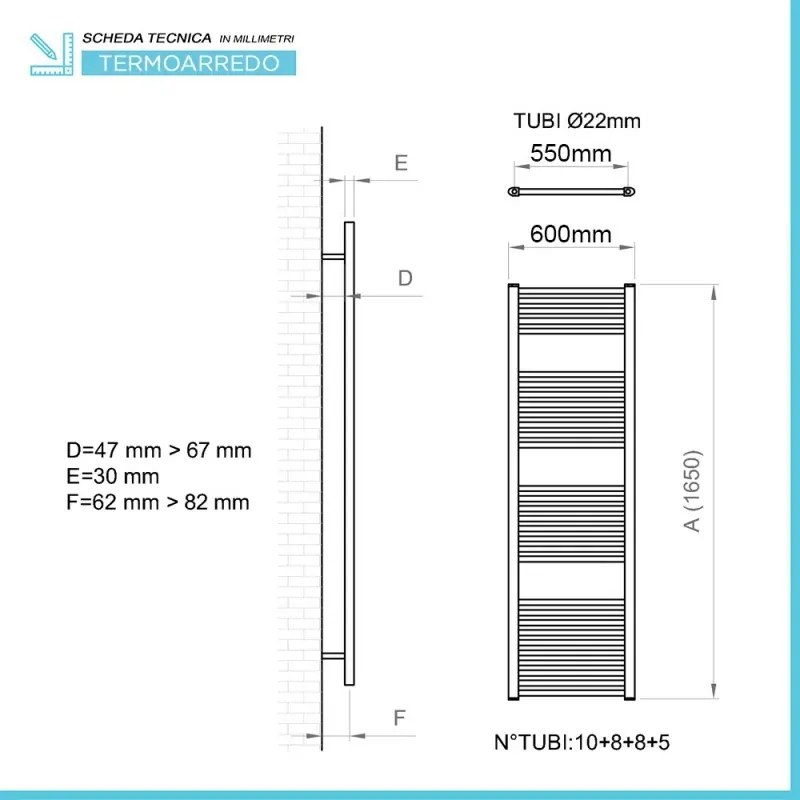 Termoarredo bagno cromo L 60x165 interasse 55 cm