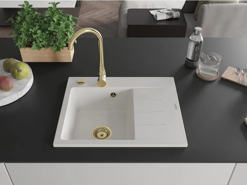 Mexen Ben lavello in granito 1-vasca con sgocciolatoio, sinistro 600 x 500 mm, bianco, sifone dorato - 6522605000-20-G