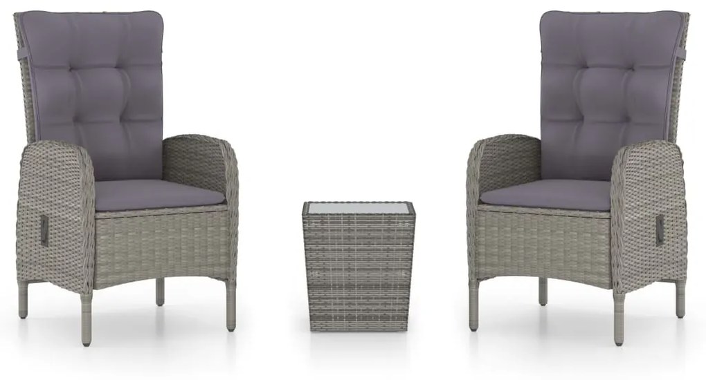 Set da bistrot da giardino 3 pz in polyrattan e vetro grigio