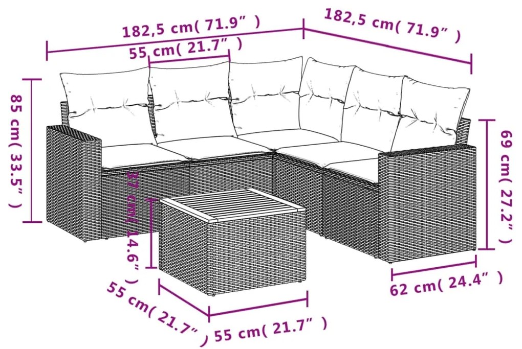 Set divano da giardino 6 pz con cuscini beige in polyrattan