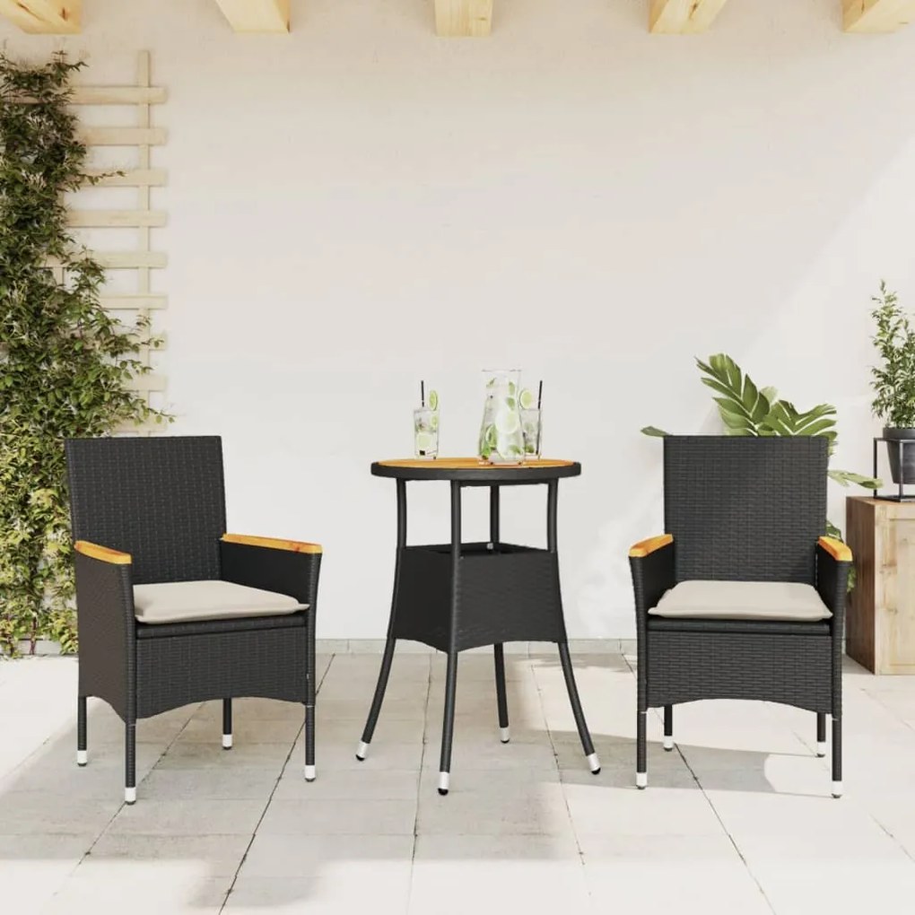Set Pranzo Da Giardino 3 Pz Con Cuscini Nero Polyrattan Acacia /