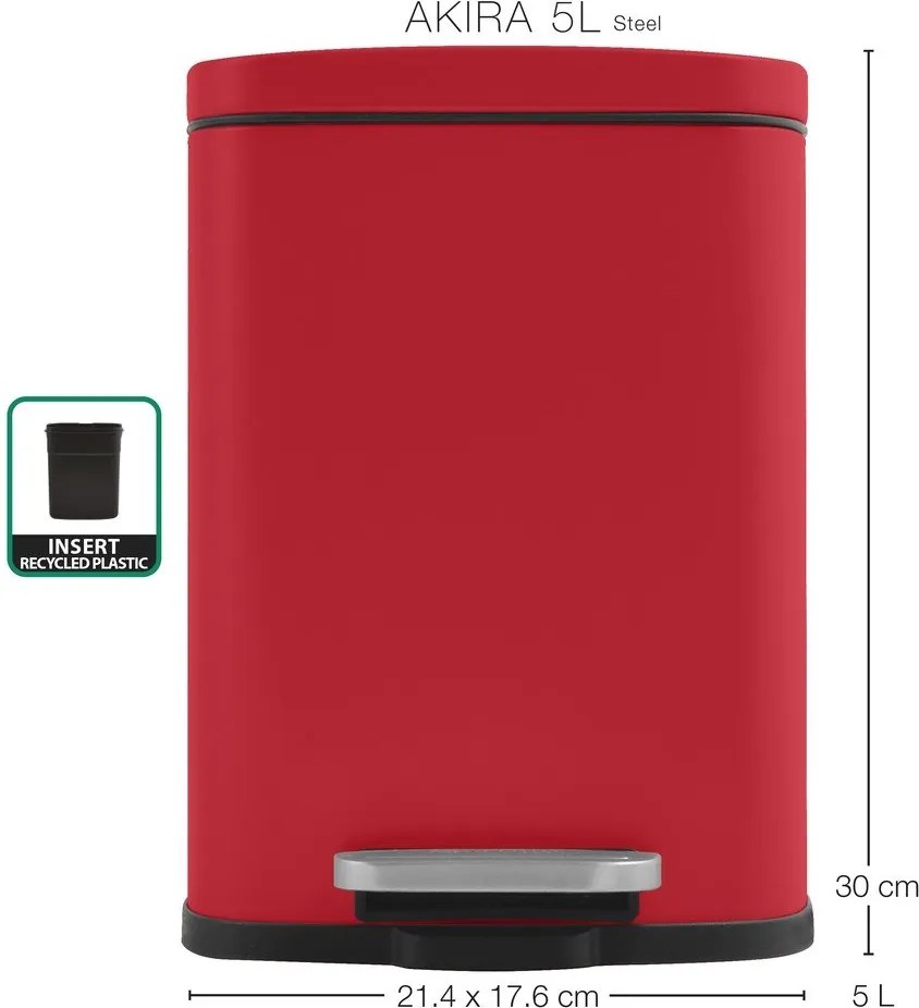 Cestino per la spazzatura rosso in acciaio con pedale 5 l Akira – Spirella