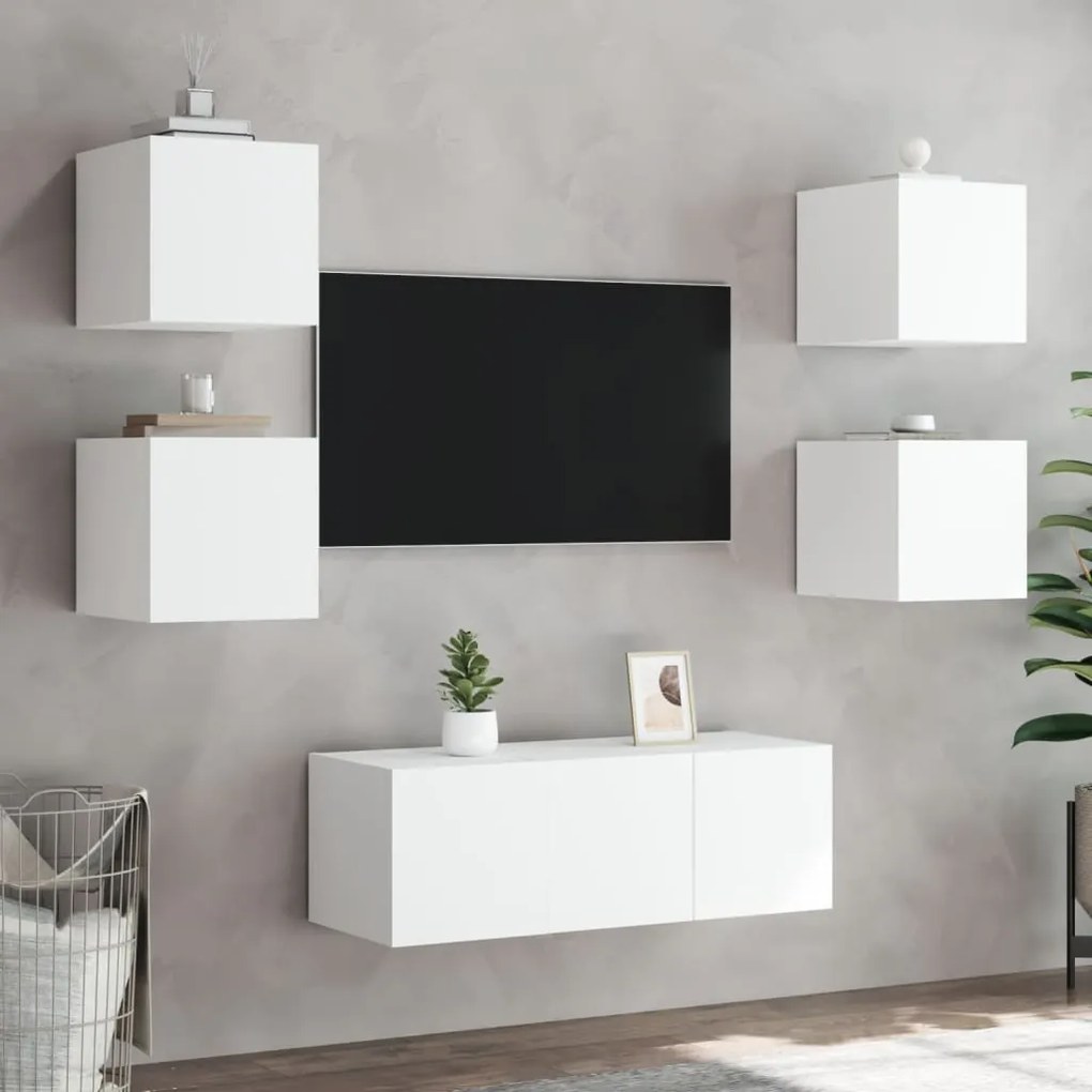 Mobili tv a muro con led 6pz bianchi in legno multistrato
