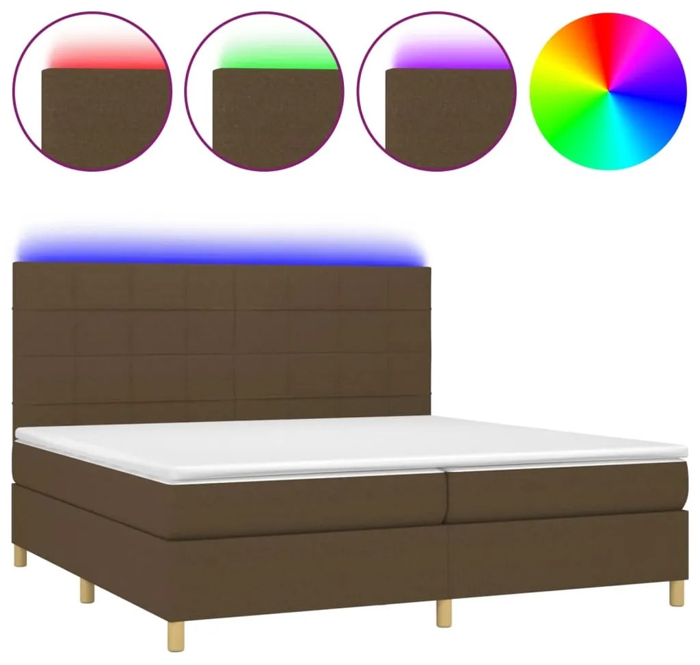 Letto a molle materasso e led marronescuro 200x200cm in tessuto