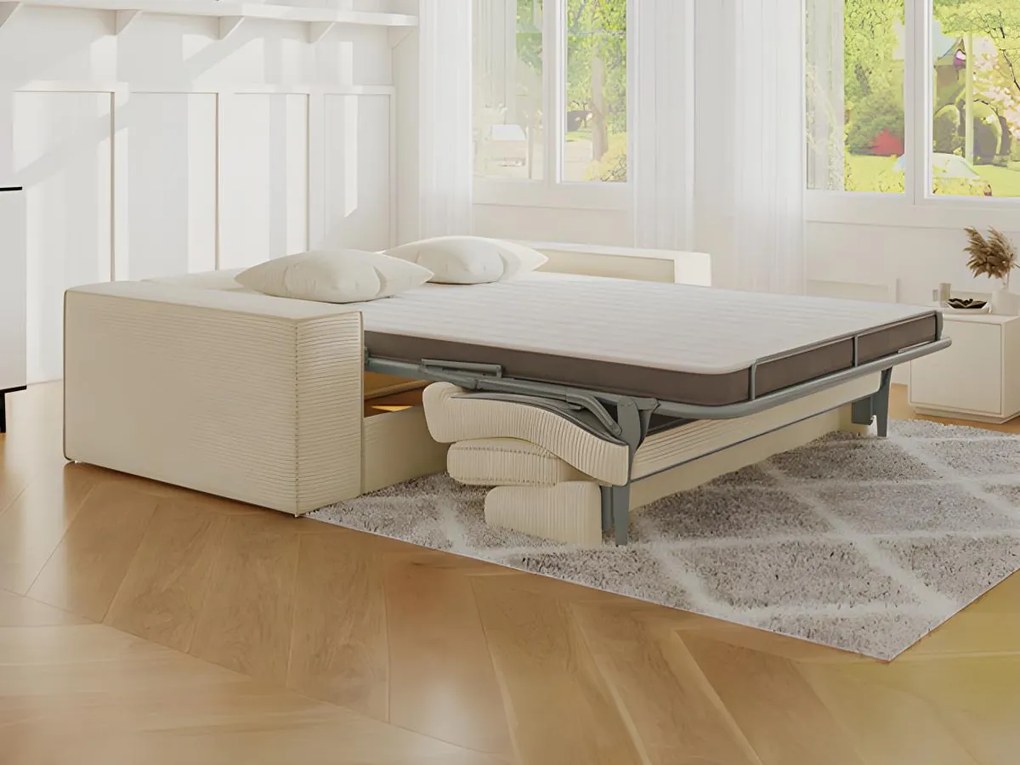 Divano letto 3 posti a ribalta in Velluto a coste Beige Letto 140 cm Materasso 14 cm con memory foam - AMELIA