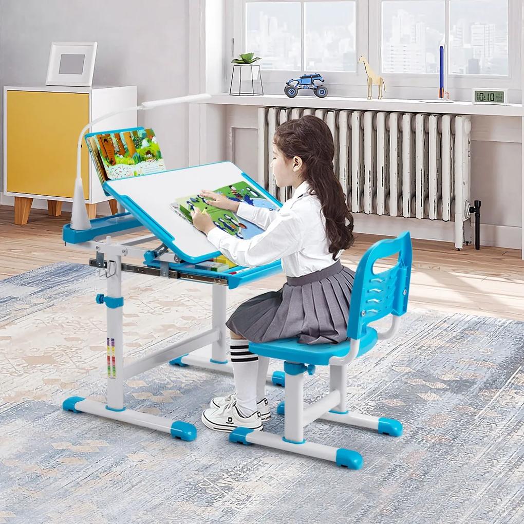 Costway Set scrivania e sedia per bambini con altezza regolabile, Scrivania e sedia con leggio per libri e luce LED Blu