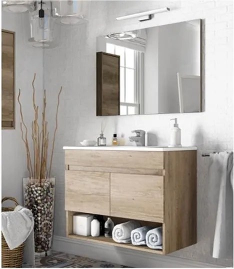 Mobile bagno sospeso 80 cm con lavabo e specchio rovere - Dakota 96250