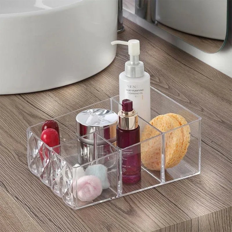 Organizer porta trucchi e cosmetici in plastica trasparente con 4 scomparti