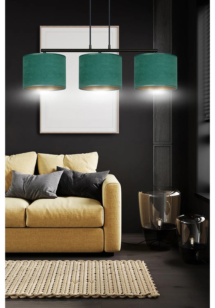 Lampadario 3 Luci Ganesha In Acciaio Nero E Paralumi In Tessuto Verde