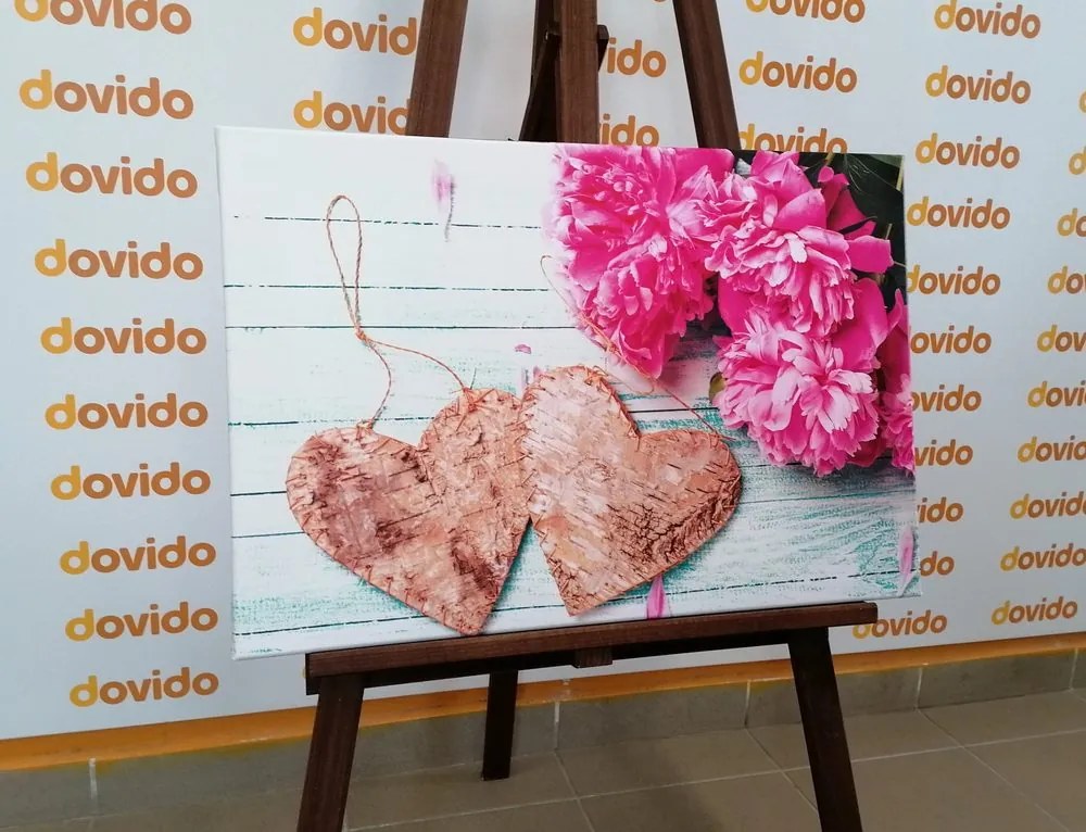 Quadro su tela – Peonie e cuoricini di betulla