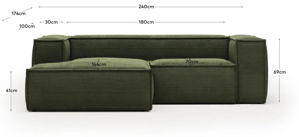 Kave Home - Divano Blok 2 posti chaise longue sinistra in velluto a coste spesse verde 240 cm