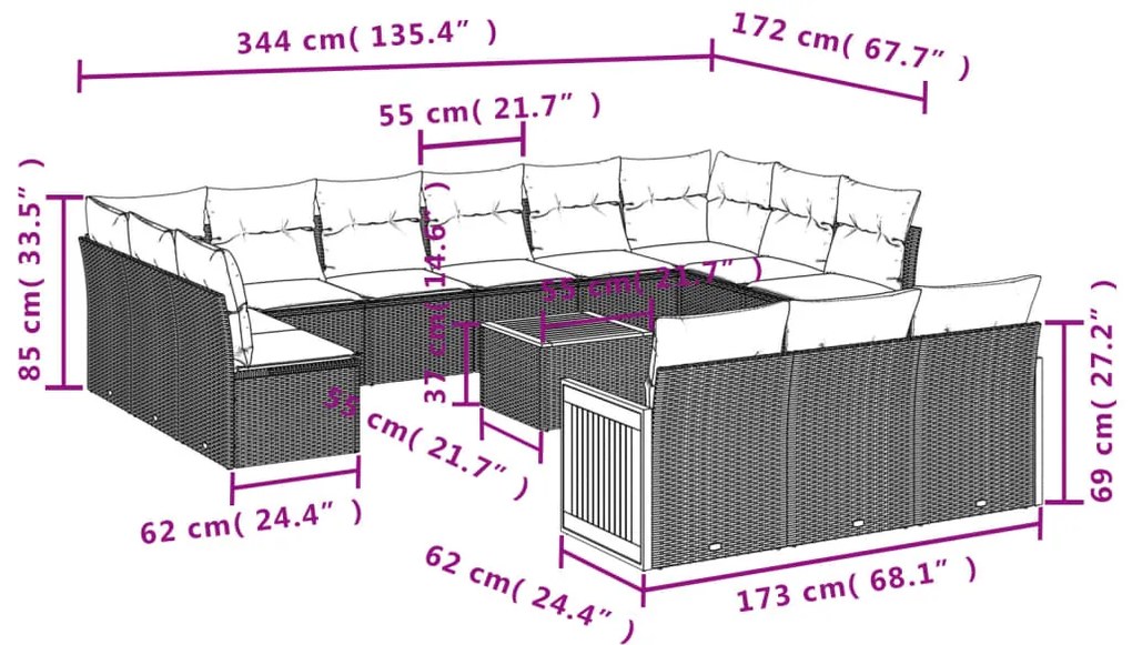 Set Divani da Giardino 14pz con Cuscini in Polyrattan Beige