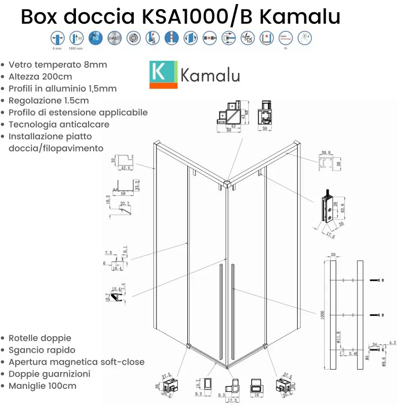 Kamalu - Box doccia 100x120 telaio nero angolare vetro 8mm | KSA1000B