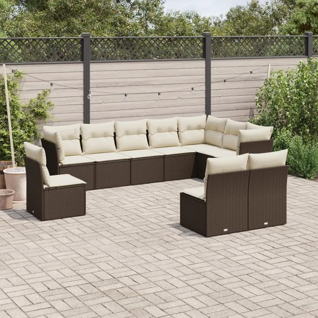 Set divani da giardino 10pz con cuscini in polyrattan marrone