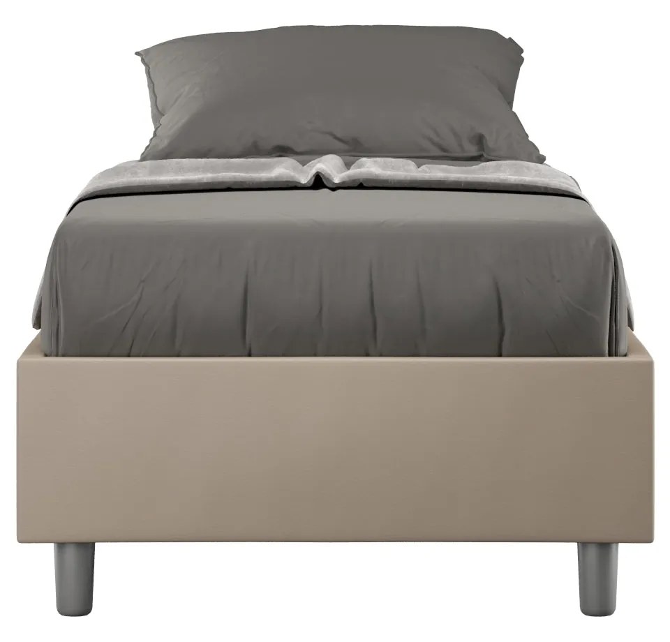 Letto singolo imbottito similpelle Azelia con rete, contenitore e senza rete, Tortora / Con Rete