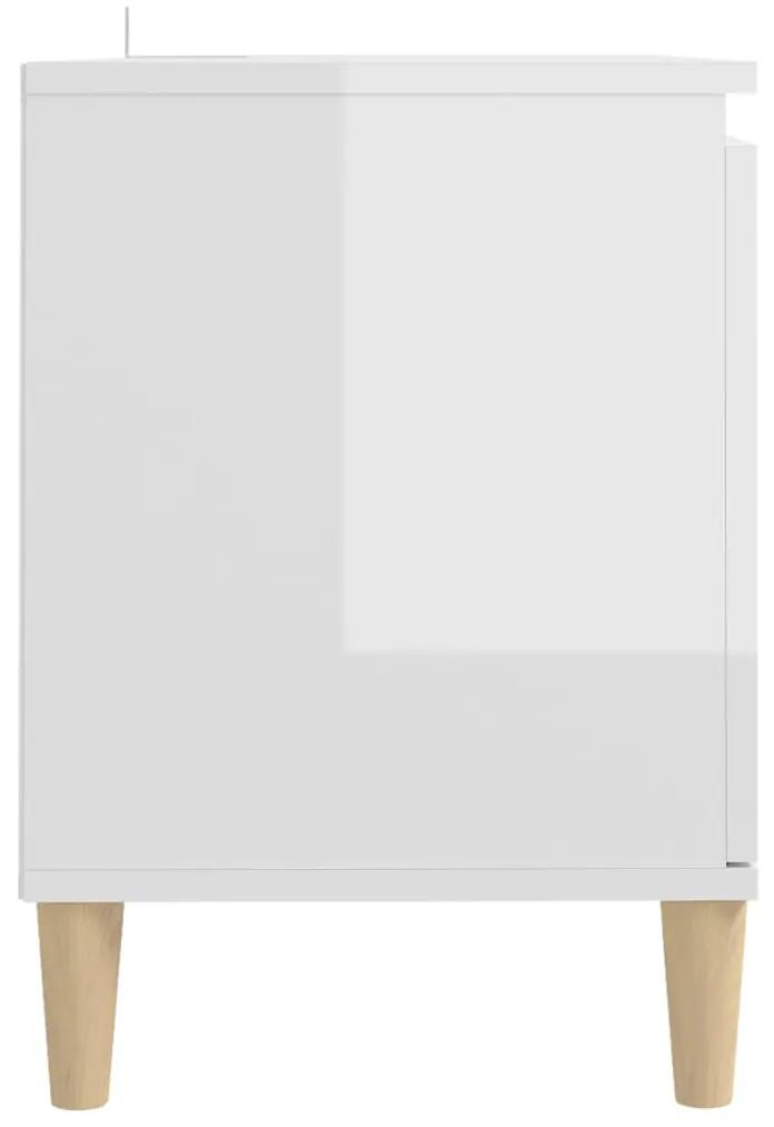 Mobile TV con Gambe Legno Massello Bianco Lucido 103,5x35x50 cm