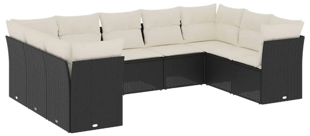 Set divani da giardino 9 pz con cuscini nero in polyrattan