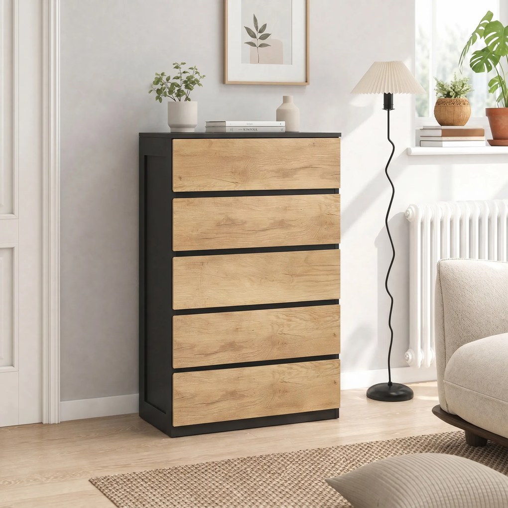 Cassettiera 5 Cassetti 60x39x100 cm con Guide in Metallo e Maniglie Scanalate in Legno Nero e Rovere...