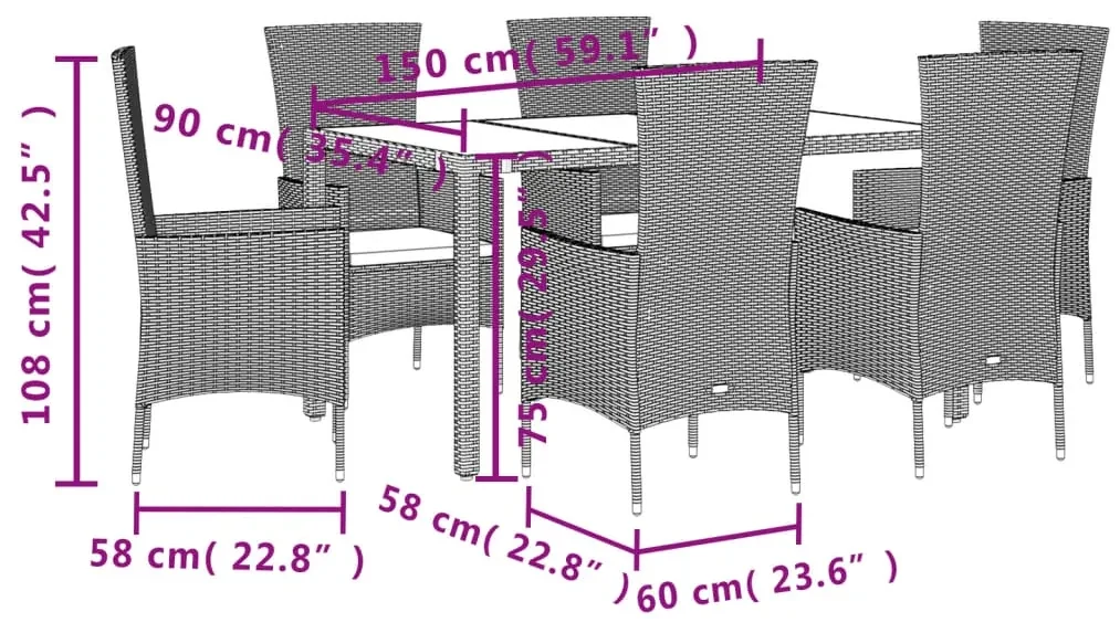 Set da pranzo da giardino 7 pz con cuscini beige in polyrattan