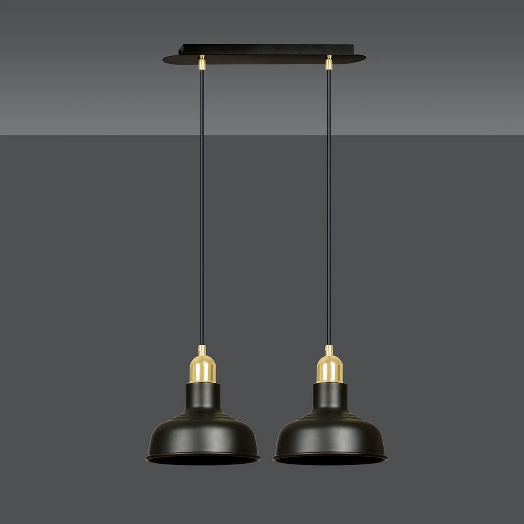 Lampadario Industrial 2 Luci Kubera In Acciaio Nero Con Elementi In Oro