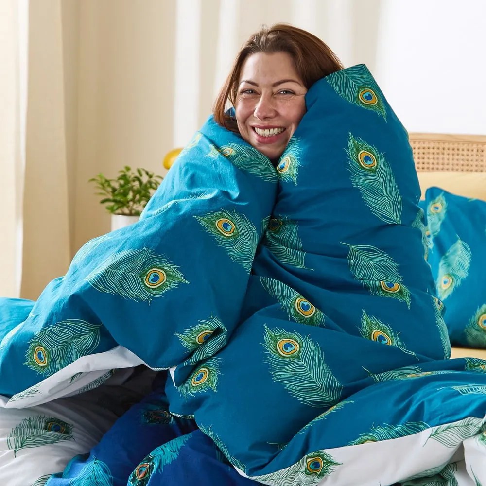 Set copripiumino e federa bianco e color foglia di tè in cotone per letto matrimoniale e per letto esteso 230x220 cm Peacock Feather – Their Nibs