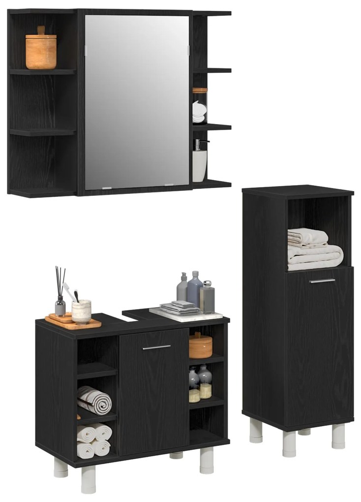 Set di mobili da bagno set di 3 rovere nero legno ingegnerizzato