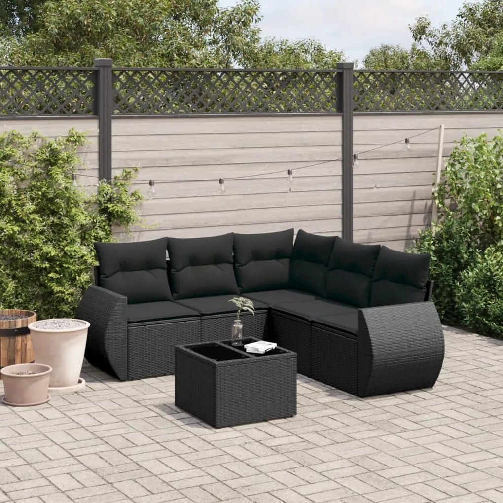 Set Divano da Giardino 6 pz con Cuscini Nero in Polyrattan