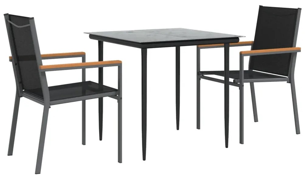 Set da pranzo da giardino 3 pz nero in textilene e acciaio