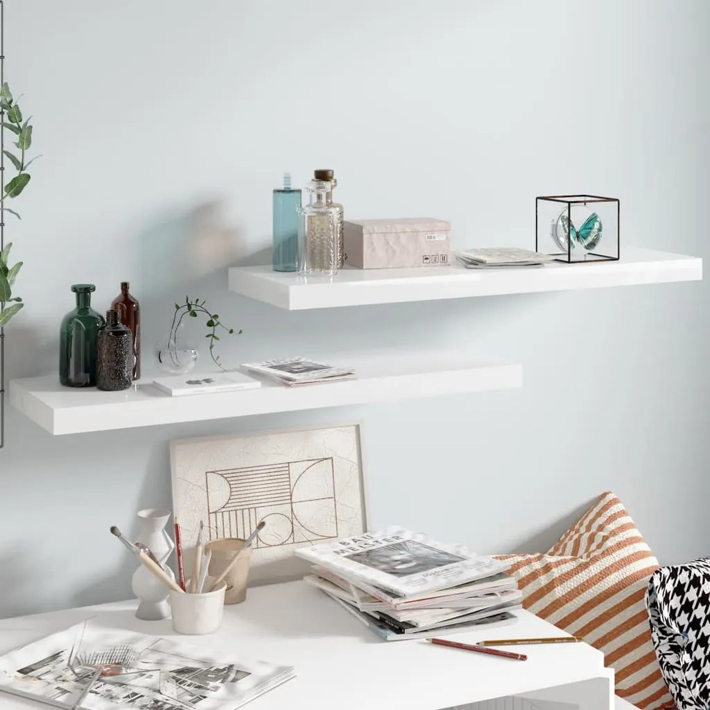 Scaffali A Parete 2 Pz Bianco Lucido 80x23,5x3,8 Cm İn Mdf /