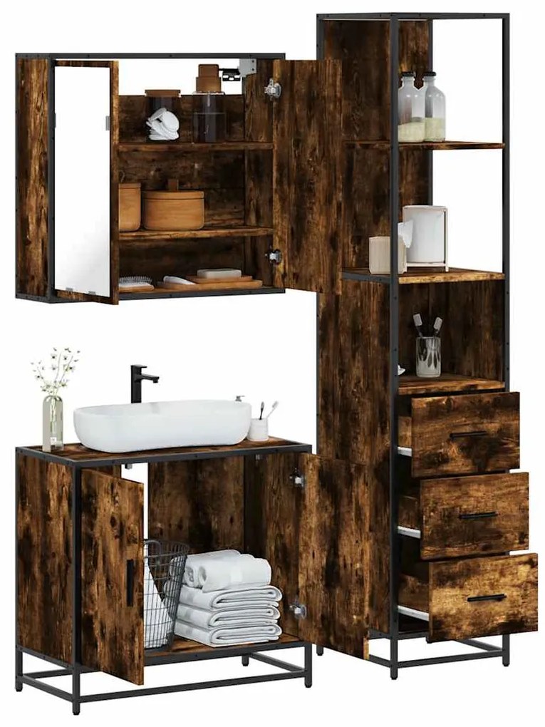 Set Mobili Da Bagno 3 Pz Rovere Fumo İn Legno Multistrato /