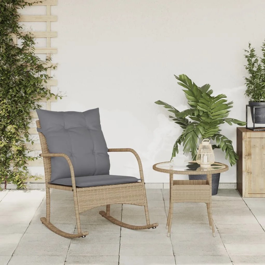 Sedia a dondolo da giardino con cuscini in polyrattan beige