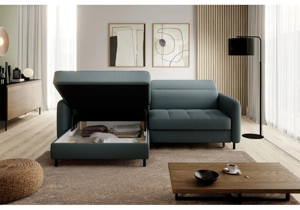 Divano angolare verde polveroso allungabile/con contenitore (con penisola a sinistra/con chaise lounge) e rivestimento in velluto Gomsi – ELTAP