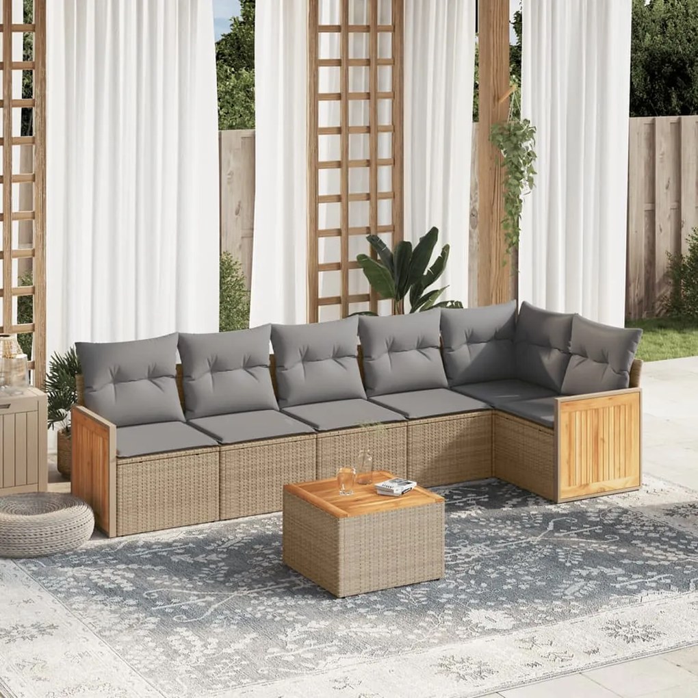 Set Divani da Giardino 7 pz con Cuscini Beige in Polyrattan