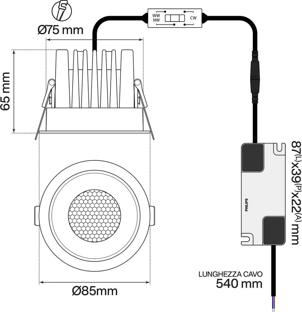 Faro da Incasso Nero 12W Foro Ø75mm CCT 15°-55° con driver Philips Colore Bianco Variabile CCT