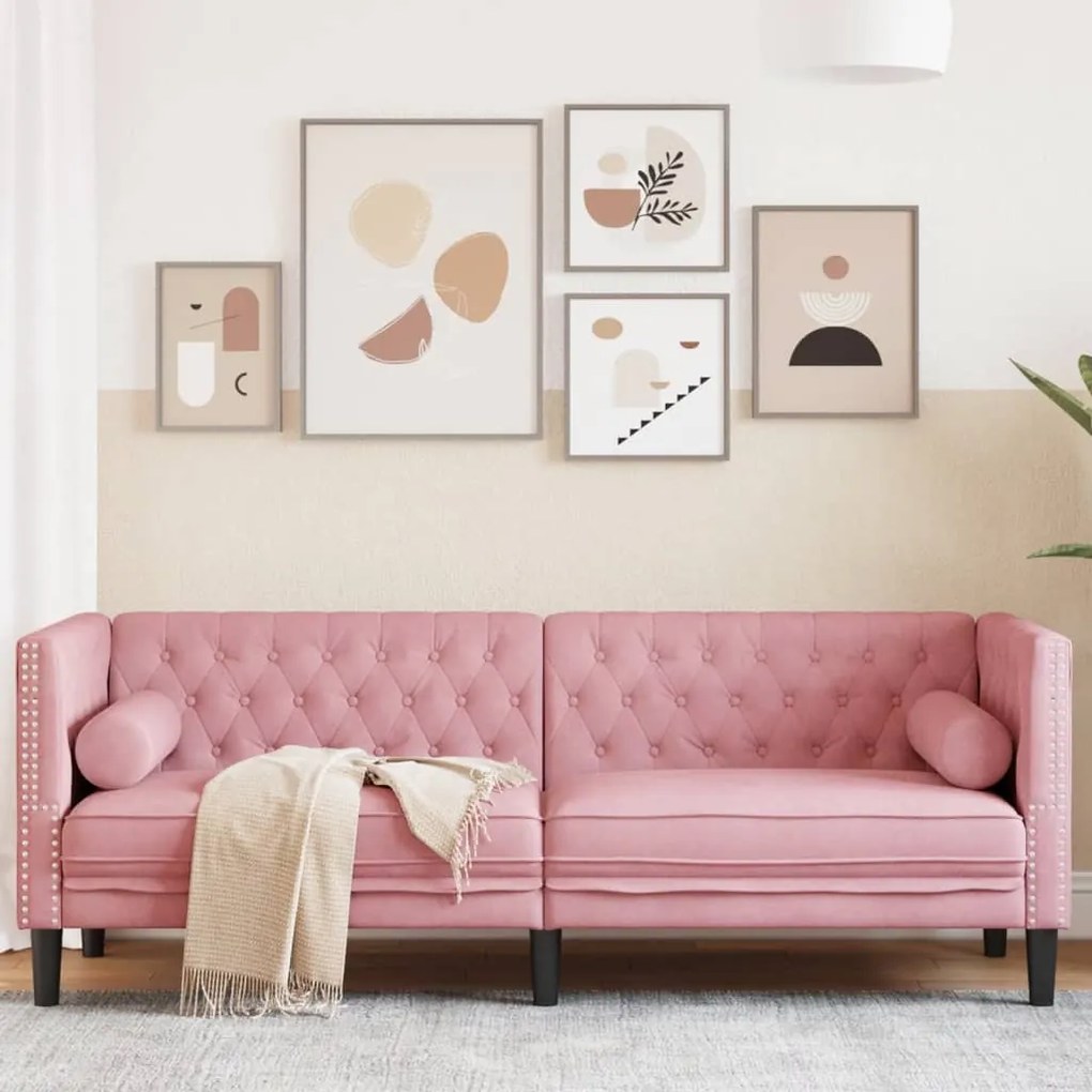 Divano Chesterfield Con Rinforzi A 3 Posti Rosa İn Velluto /
