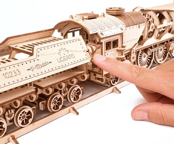 Ugears - 3D puzzle meccanico in legno V-Express locomotiva a vapore con carrello