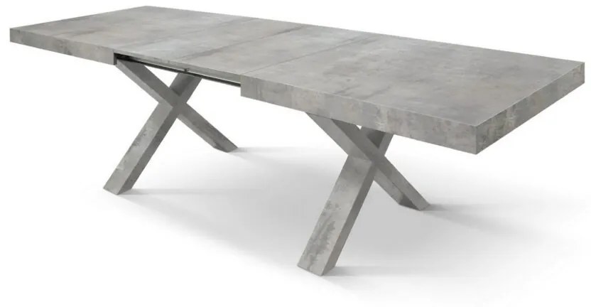 Tavolo allungabile AMALFI in legno effetto grigio cemento e gambe a X grigio cemento, allungabile 160&#215;90 cm &#8211; 240&#215;90 cm