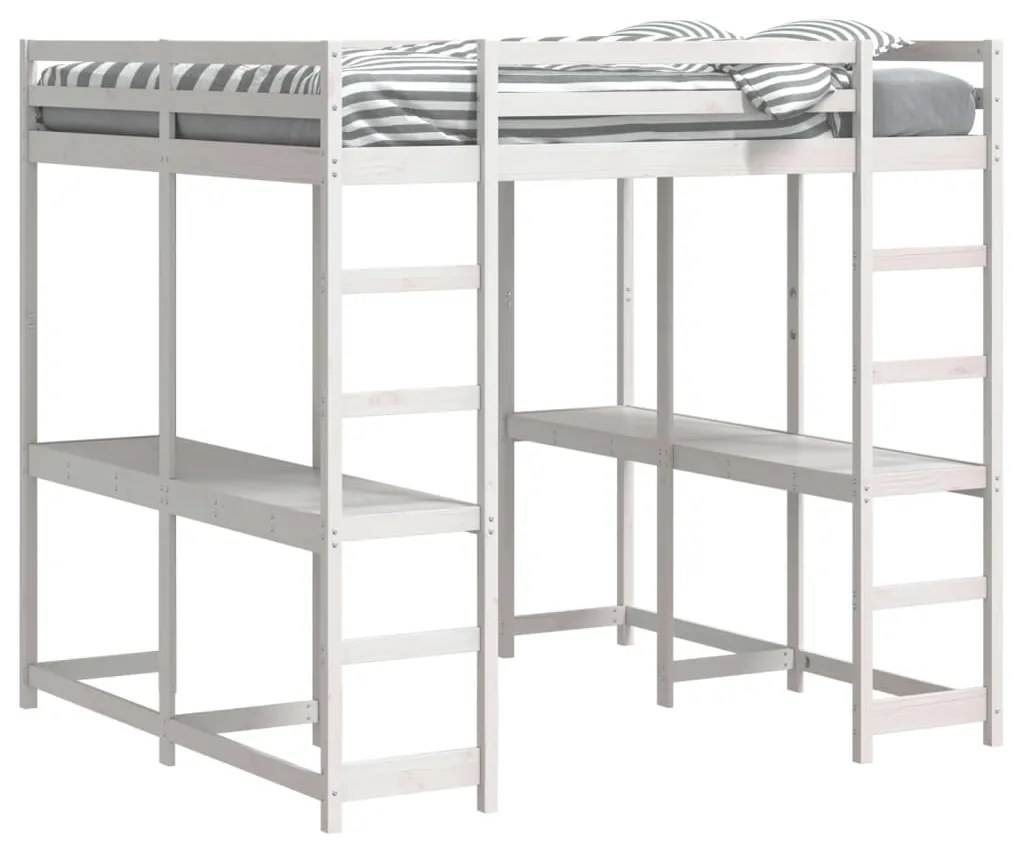 Letto soppalco scrivania e scala bianco 180x200cm massello pino