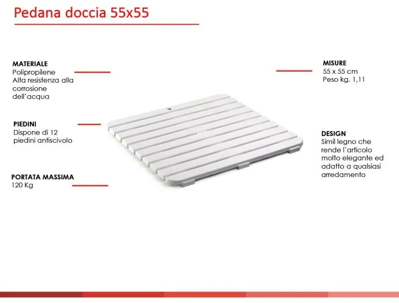 Pedana antiscivolo per doccia 55x55 cm in polipropilene con finitura bianca