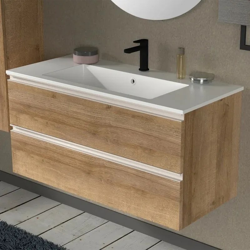 Mobile bagno sospeso 100 cm rovere miele con lavabo e specchio Master