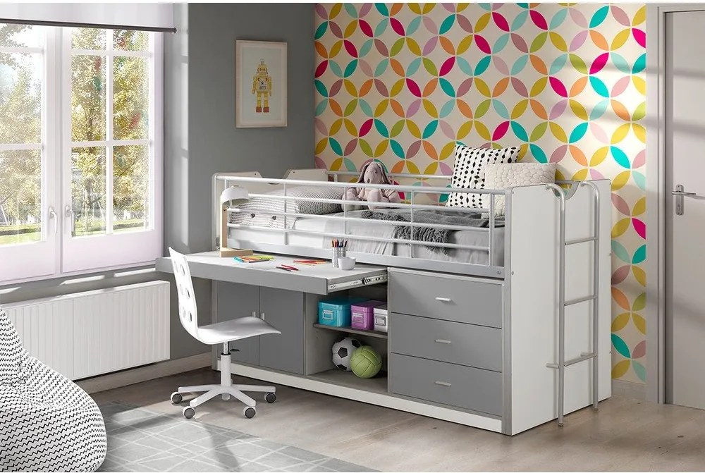 Letto da bambini rialzato bianco/grigio con contenitore con rete inclusa 90x200 cm Bonny – Vipack