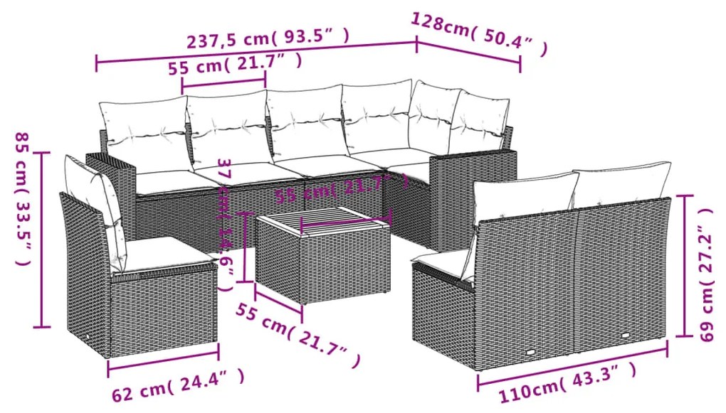 Set divani da giardino 9 pz con cuscini nero in polyrattan